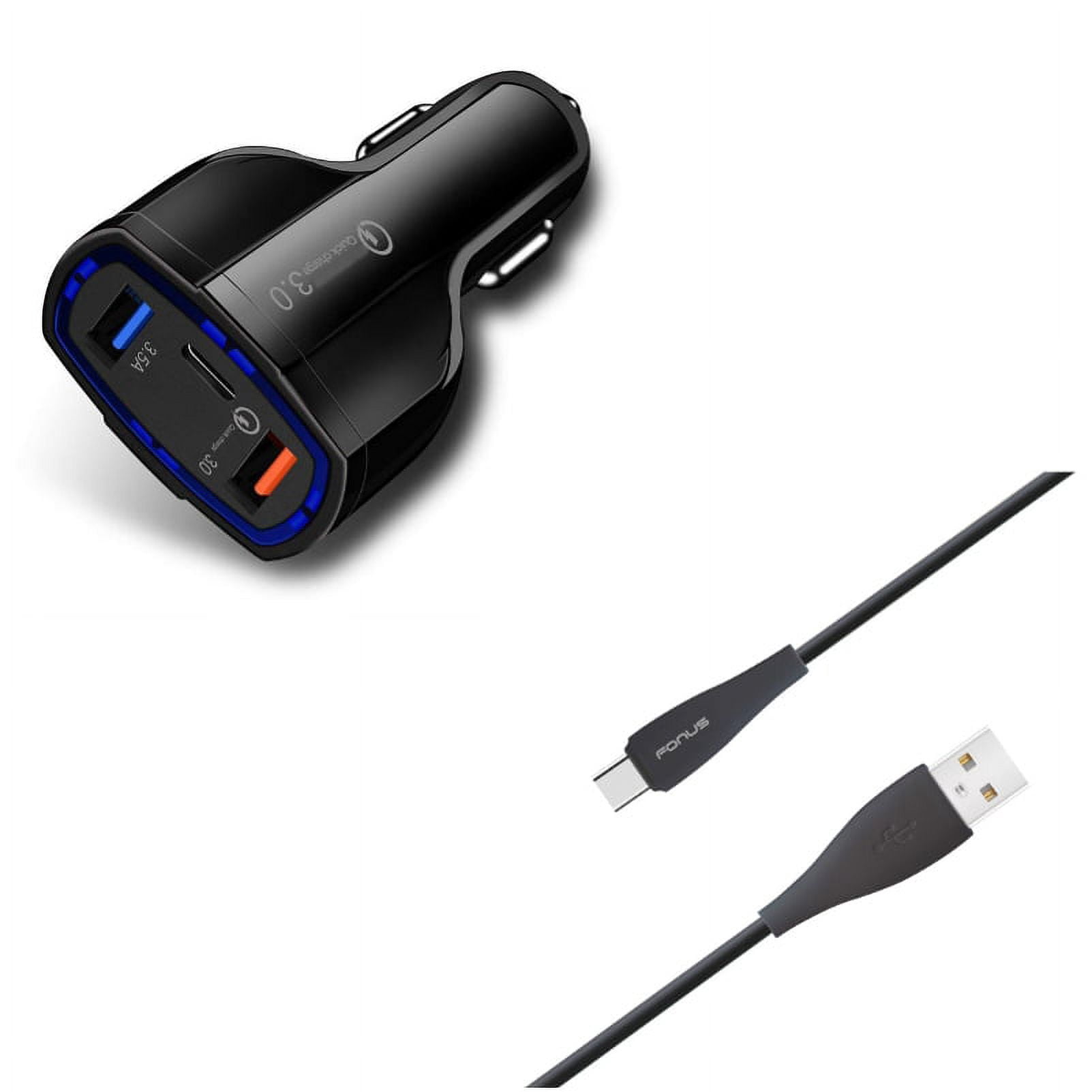 3-Port USB 48W Quick Car Charger w Charger Cord Type-C 10ft USB Cable K6W for Nokia 8, 3.1 Plus - OnePlus 5T, 6, 6T, 7 Pro - Razer Phone 2 - RED Hydrogen One - Samsung Galaxy Tab S3 9.7 S9