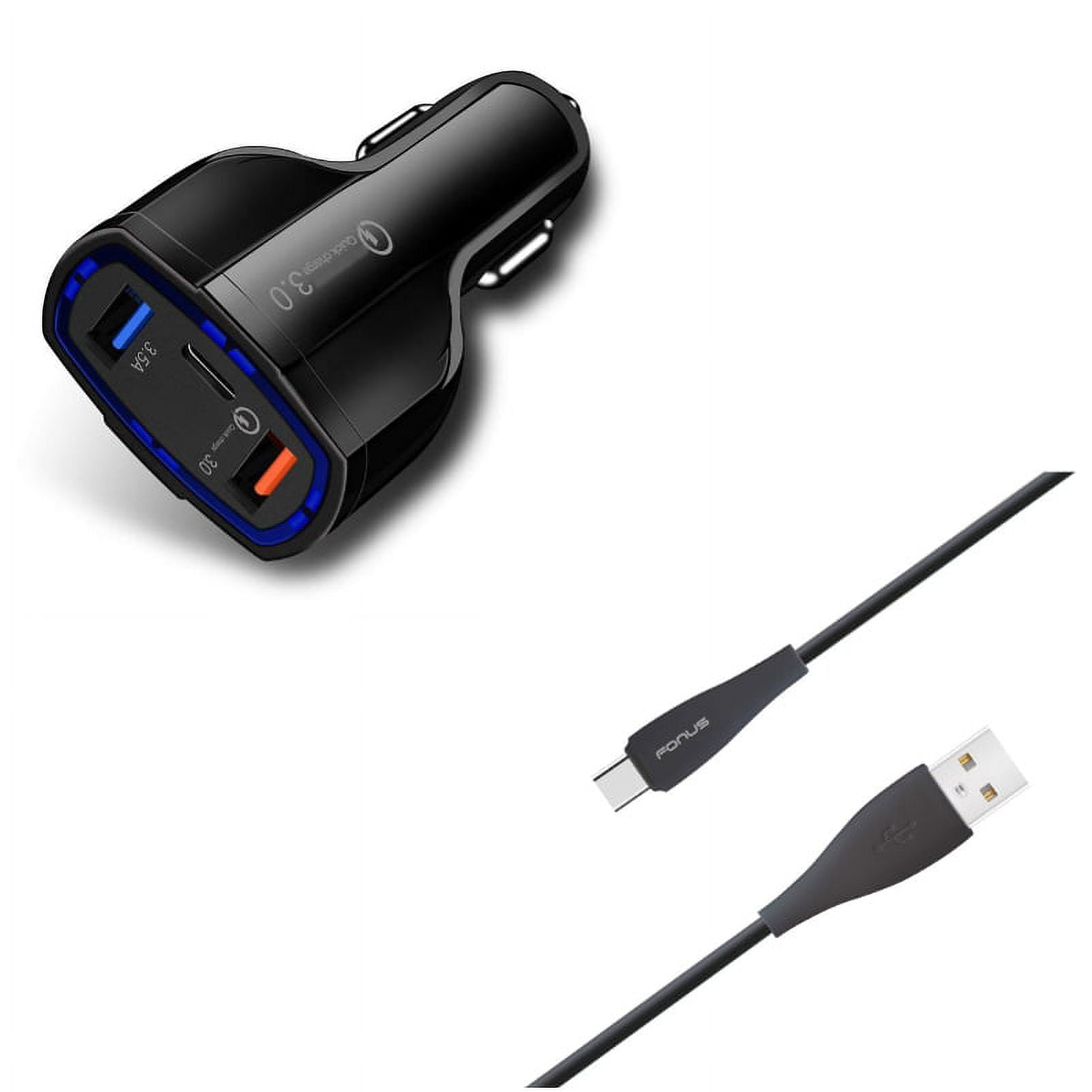 3-Port USB 48W Quick Car Charger w Charger Cord Type-C 10ft USB
