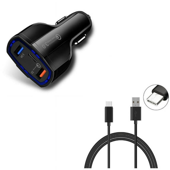 3-Port USB 48W Quick Car Charger w Charger Cord Type-C 10ft USB Cable D5V for Nokia 8, 3.1 Plus - OnePlus 5T, 6, 6T, 7 Pro - Razer Phone 2 - RED Hydrogen One - Samsung Galaxy Tab S3 9.7 S9