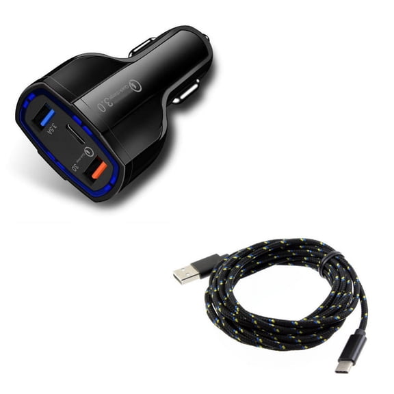 3-Port USB 48W Quick Car Charger w Charger Cord Type-C 10ft USB Cable G5D for Nokia 8, 3.1 Plus - OnePlus 5T, 6, 6T, 7 Pro - Razer Phone 2 - RED Hydrogen One - Samsung Galaxy Tab S3 9.7 S9