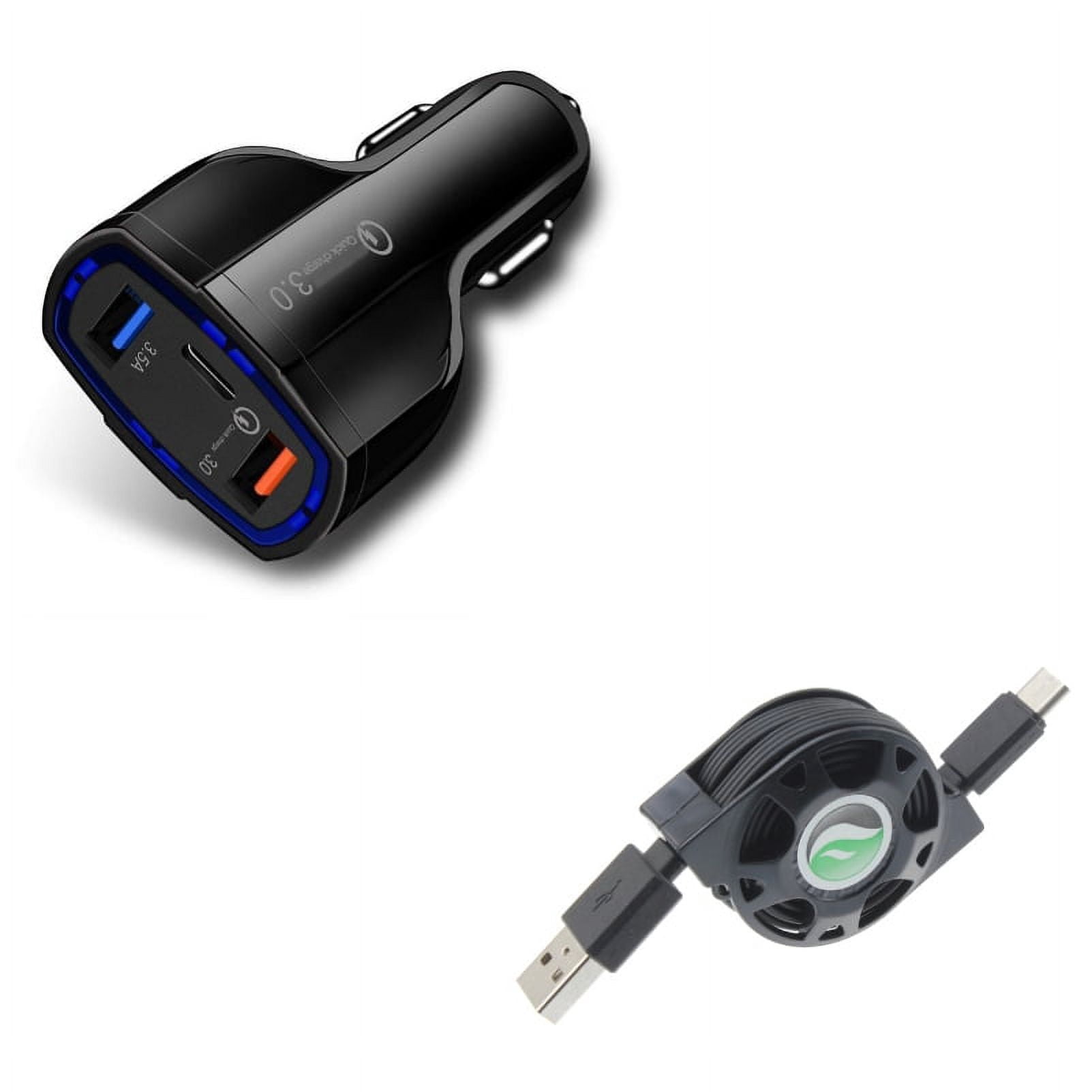 3-Port USB 48W Quick Car Charger w Type-C Retractable USB Cable M1V for Razer Phone 2 - RED Hydrogen One - Samsung Galaxy Tab S3 9.7 S9 Plus, S8+ S8, S10e S10 Plus active 5G Note 9 8 10 Plus