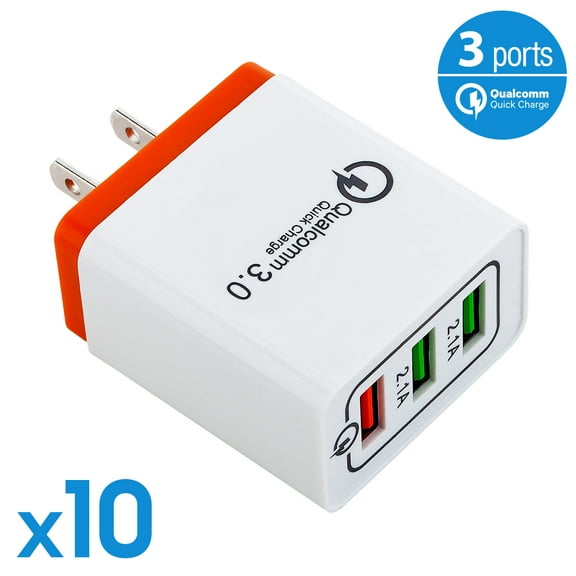3-Port USB Fast Wall Charger Power Adapter Plug with Qualcomm 3.0 Quick Charge Compatibel with iPhone 14 13 12 11 Pro Max Mini, Galaxy S10 S20 S21 S22, Universal For ALL USB-Powered Devices (10-PACK)