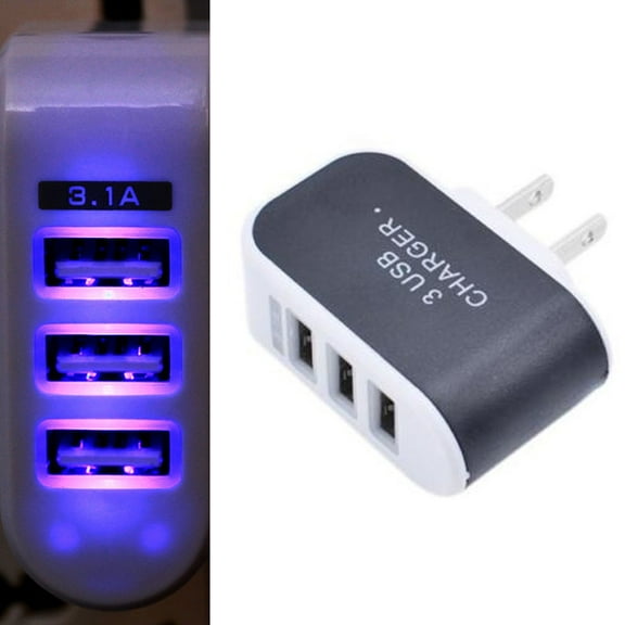 3-Port USB Home Wall Charger Plug Port Glowing Light 5V/1A Universal Cell Phones
