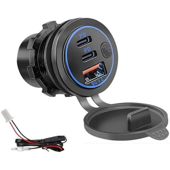 3 Ports 18W USB Car Charger with Switch, 12-24V QC 3.0 USB & Dual PD USB C Cigarette Lighter Socket Outlet, Dashboard Mount Quick Charge Charger for Car Motorcycle Truck Marine Boat (Blue)