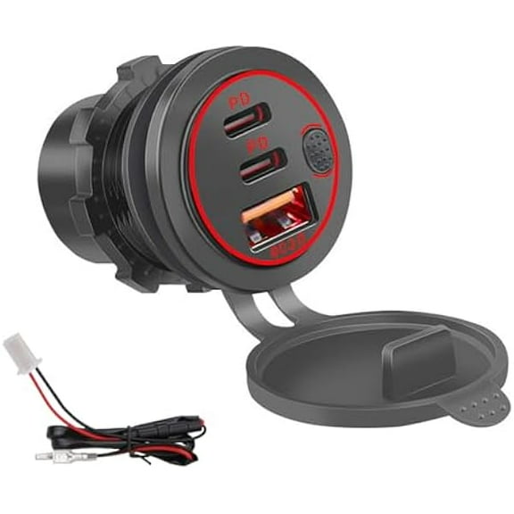 3 Ports 18W USB Car Charger with Switch, 12-24V QC 3.0 USB & Dual PD USB C Cigarette Lighter Socket Outlet, Dashboard Mount Quick Charger for Car Motorcycle Truck Marine Boat, Red Light