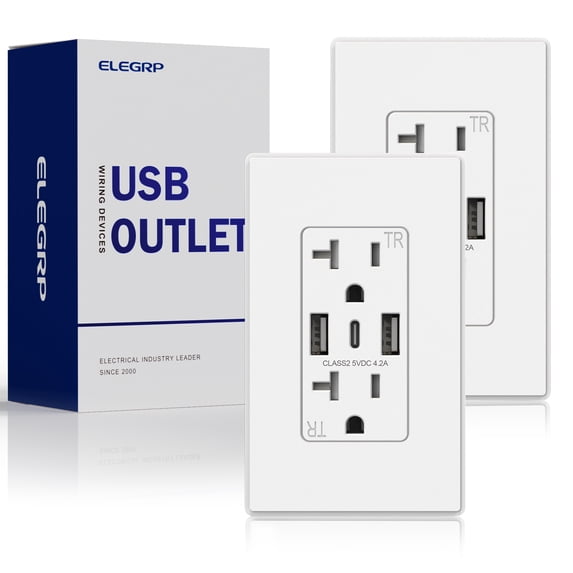 ELEGRP 3 Ports Dual Type A & Type C USB Charger Wall Outlet, 20 Amp Tamper-Resistant Outlet, with Wall Plate, White(2 Pack)