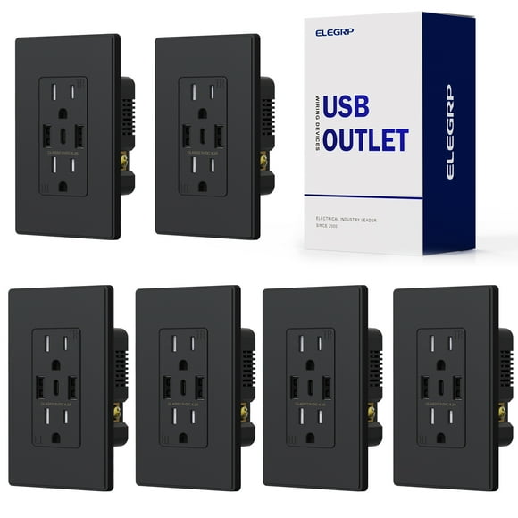 ELEGRP 3 Ports Dual Type A & Type C USB Charger Wall Outlet, 15 Amp Tamper-Resistant Outlet, with Wall Plate, Black(6 Pack)