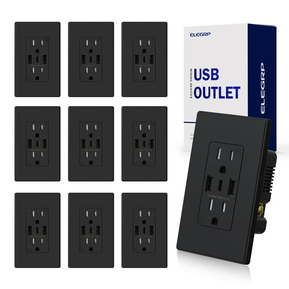 ELEGRP 3 Ports Dual Type A & Type C USB Charger Wall Outlet, 15 Amp Tamper-Resistant Outlet, with Wall Plate, Black(10 Pack)
