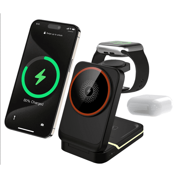 3-Ports Type-C ABS+PC Docking Station for iPhone 12/13/14/15/16 Series Phones & Apple Watch Series 9/8/7/6/5/4/3/2/SE/Ultra/Ultra 2, Black