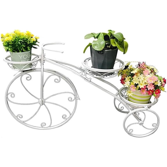 3 Pots Tricycle Plant Stand Iron Tricycle Shape White Planter Rack Flower Holder Floral Displaying Rack for Home Garden Patio Decor DIY