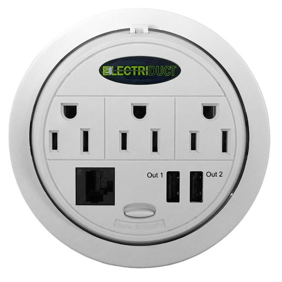 3 Power & 2 USB & 1Cat5E Power Tap Grommet - Desk Outlet Table - Hidden Power Center - White