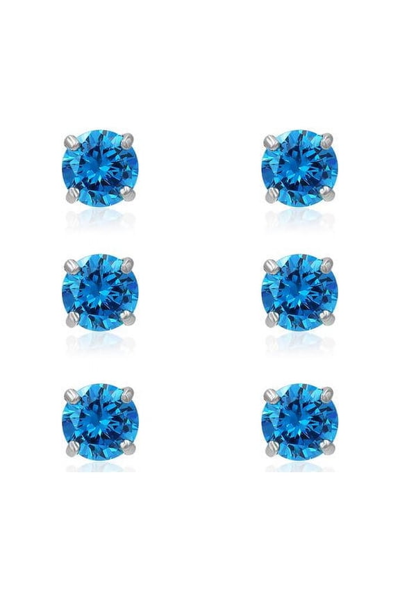 3 Pr Silver Tone 6mm Simulated London Blue Topaz Round Stud Earrings
