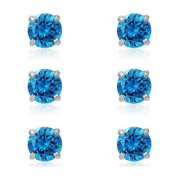 3 Pr Silver Tone 6mm Simulated London Blue Topaz Round Stud Earrings