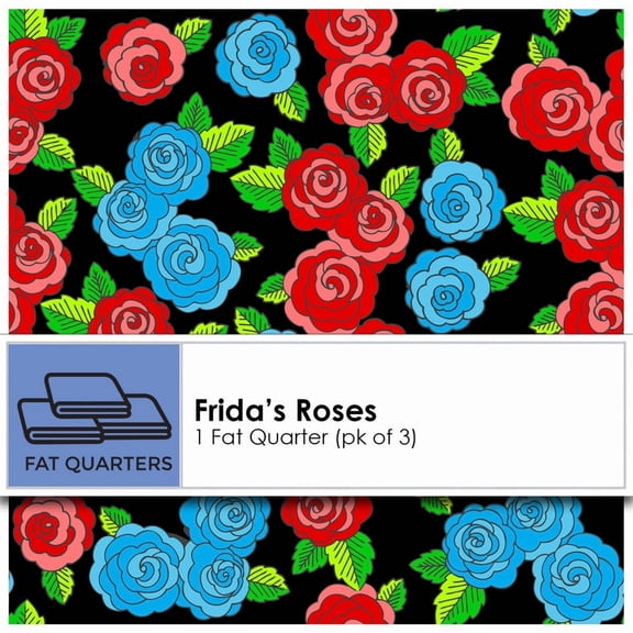 3 Pre-Cut Fat Quarters Blue and Red Roses on Black Cotton Fabric
