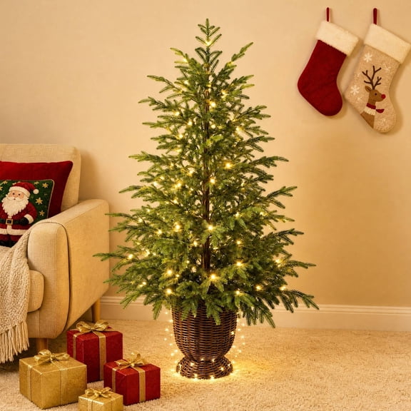 3' Pre-Lit Cypress Green Artificial Christmas Tree in Woven Basket, Lifelike Cypress Potted Tree with 100 Warm White LED Lights, Battery-Operated Twinkle Potted Tree For Home Decoration