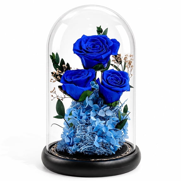 Handmade Forever Flowers in Dome, Real Eternal Roses Arrangement, Preserved Flower Decor, Long Lasting 1–3 Years Gift for Women, Valentine’s Day, Birthday-Blue
