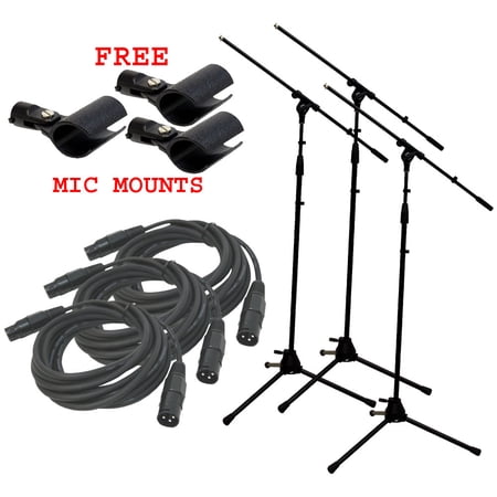 (3) Pro Audio Stage Instrument Boom Microphone Stand Xlr Cables Free Mic Mounts