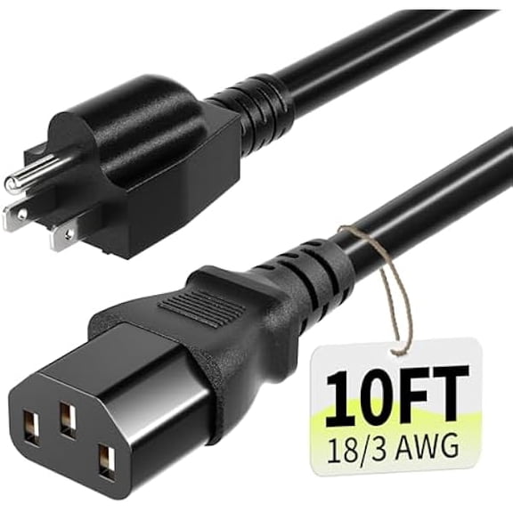 3 Prong AC Power Cord Cable 10ft 10 Amps 125 Volts 18AWG, NEMA 5-15P to C13, Black PC Power Cable for TV, Computer, Monitor, Printer, PlayStation, HP, Dell, Lenovo, Apple, Asus-ETL Listed