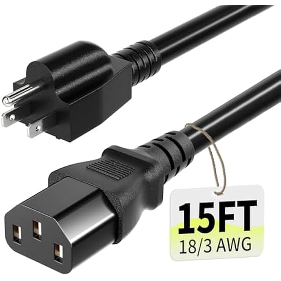 3 Prong AC Power Cord Cable 15ft 10 Amps 125 Volts 18AWG, NEMA 5-15P to C13, Black PC Power Cable for TV, Computer, Monitor, Printer, PlayStation, HP, Dell, Lenovo, Apple, Asus-ETL Listed