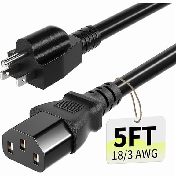 3 Prong AC Power Cord Cable 5ft 10 Amps 125 Volts 18AWG, NEMA 5-15P to C13, Black PC Power Cable for TV, Computer, Monitor, Printer, PlayStation, HP, Dell, Lenovo, Apple, Asus-ETL Listed