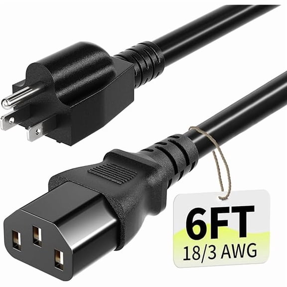 3 Prong AC Power Cord Cable 6ft 10 Amps 125 Volts 18AWG, NEMA 5-15P to C13, Black PC Power Cable for TV, Computer, Monitor, Printer, PlayStation, HP, Dell, Lenovo, Apple, Asus-ETL Listed