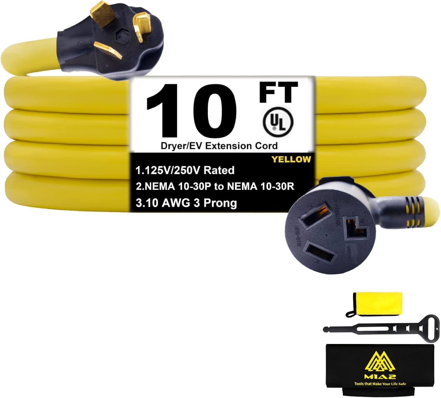 3 Prong Dryer Extension Cord, NEMA 10-30P to 10-30R, 30Amp, 125V/250V, 10FT, Level 2 EV Charging, 10 Gauge, UL listed