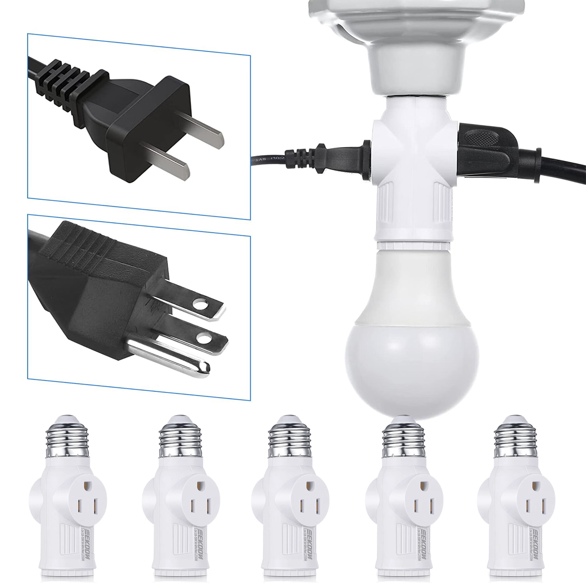 3 Prong Light Socket Adapter, E26 Light Bulb Outlet Adapter, Polarized Light Socket to Plug
