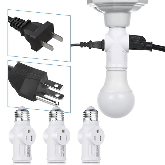 3 Prong Light Socket Adapter, E26 Light Bulb Outlet Adapter, Polarized Light Socket to Plug Adapter, White Light Bulb to 2/3 Prong Outlet Plug Splitter Converter for Garage Porch CCTV Camera (3 Piece)