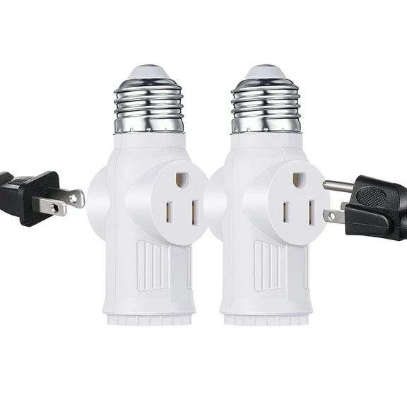 3 Prong Light Socket Adapter, E26 Light Socket to Plug Adapter, E26 Base to 2/3 Prong Outlet Plug Splitter Converter, Polarized Light Socket Adapter for Garage Porch Yard CCTV, White, 2 Pack
