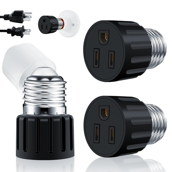 3 Prong Light Socket Outlet Adapter (2 Packs), Professional Materials & Stable Performance E26 E27 Light Socket to Plug Adapter, Polarized Light Bulb Plug Adapter, Convert for Garage Camera Porch