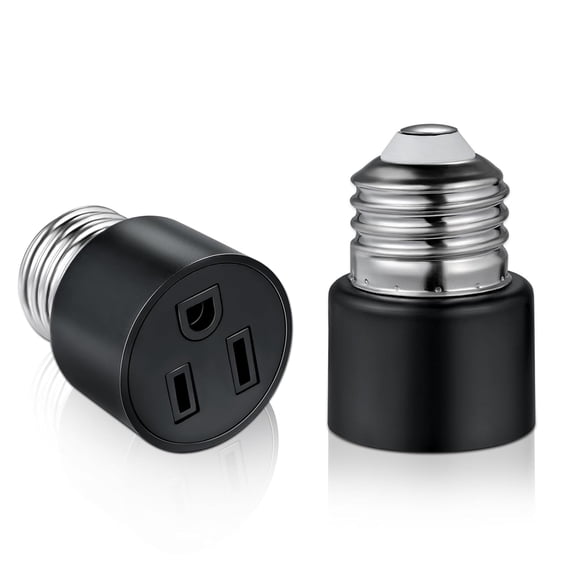 3 Prong Light Socket to Outlet Adapter, E26/E27 Screw in Light Bulb to Plug Adapter, Polarized Light Socket Converter for Porch Light, Garage Light, Camera and Light Strings(2, Black)