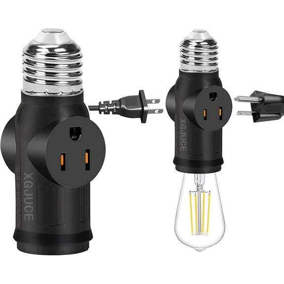 3 Prong Light Socket to Plug Adapter,E26 Outdoor Light with Outlet,E27 Light Bulb to 2/3 Prong Outlet Plug Splitter Converter for Garage Porch CCTV Camera (1, Black)