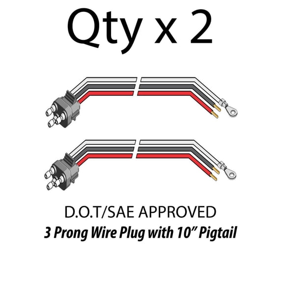 3 Prong Pigtail Wire Plug for Truck Trailer Stop Turn Tail Lights - Qty 2