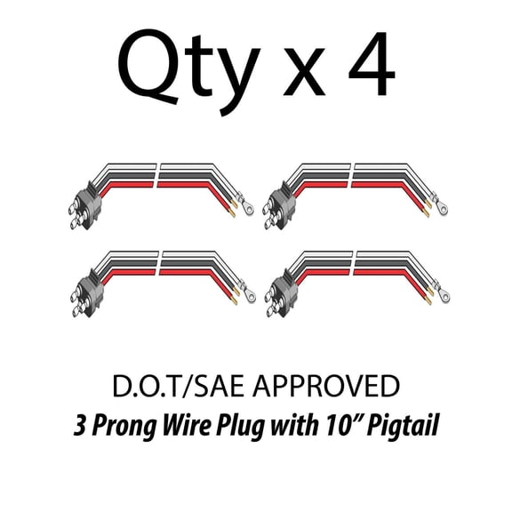 3 Prong Pigtail Wire Plug for Truck Trailer Stop Turn Tail Lights - Qty 4