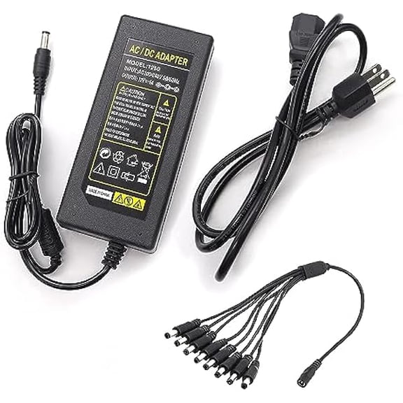 3-Prong Security Camera Power Adapter,12V 5A 100V-240V Camera Power Adapter 8-Way Power Splitter Cable for CCTV/Camer/DVR