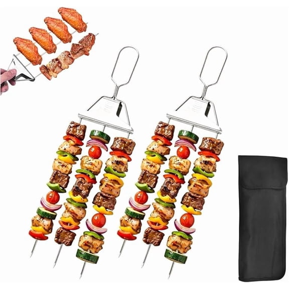 3 Prong Skewers for Grilling, 14.7" Stainless Steel BBQ Skewer with Push-Off Slider, Reusable Metal Kabob Skewers, Outdoor Grill Accessories with Storage Bag for Meat, Vegetables, Chicken (2 Fork)