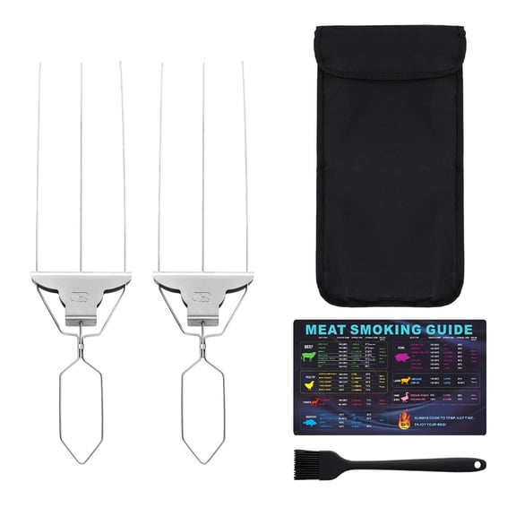 3 Prong Skewers for Grilling, 14.7" Stainless Steel BBQ Skewer Set of 2 with Push-Off Slider, Include Storage Bag, Silicone Brush & Meat Temp Chart, Reusable Metal Kabob Skewers for Outdoor Grill