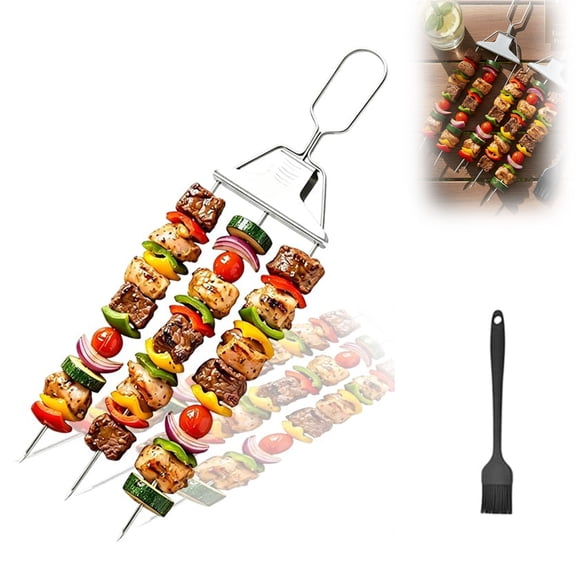 3 Prong Skewers for Grilling 2026, 14.1" Stainless Steel BBQ Skewer with Push-Off Slider, Reusable Metal Kabob Skewers with Storage Bag for Meat Vegetables Chicken(1pc)