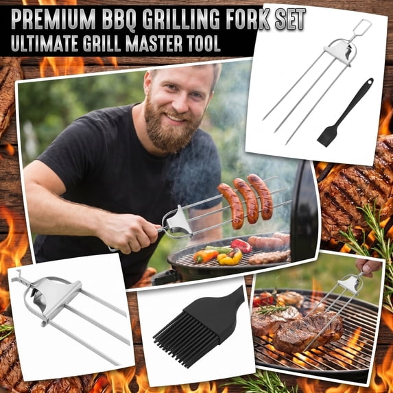 3 Prong Skewers for Grilling,for Kabobs 14 Inch 3-Prong Metal BBQ Skewers for Grilling with Slider Push Bar – Reusable Flat Grilling Skewers for Meat Chicken (1 forks + brush)