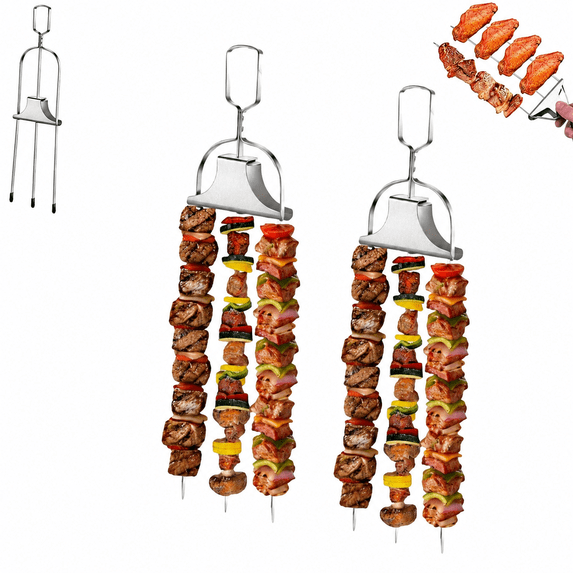 3 Prong Stainless Steel Grill Skewers with Slider Semi Automatic Push BBQ Kabob Skewer Anti Spin Metal Barbecue Fork for Outdoor Camping Reusable Grilling
