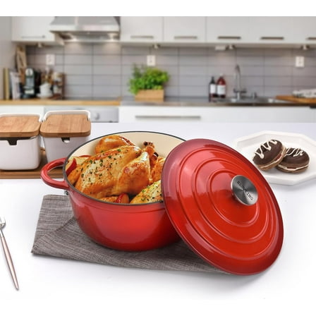3 QT Enameled Cast Iron Dutch Oven with Lid, Dual Handles, Red for Baking, Cooking, Home Use