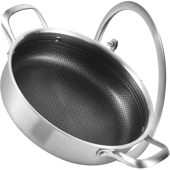 3 QT Hybrid Tri-Ply Stainless Steel Non Stick Sauté Pan with Lid, 10 Inch Induction Deep Frying Pan, Induction Compatible, All Cooktops, Dishwasher and Oven Safe