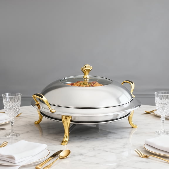 3 Qt Chafing Dish Buffet Set, Stainless Steel Round Food Warmer with Glass Lid & Fuel Holder, Portable Gold Accent Chafer Server for Parties, Catering, Weddings, Picnics, Camping & Family Gatherings