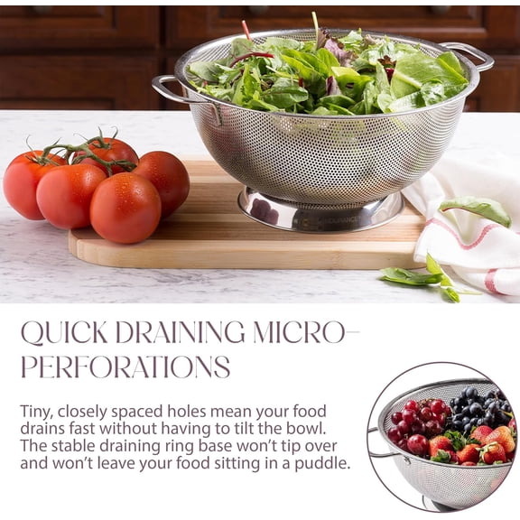 3 Qt Metal Colander with Handle | Pasta, Spaghetti, Berry, Fruit, Vegetable, Kitchen Food Strainer Basket | 18/8 Stainless Steel Colander Bowl | Pot Drainer for Cooking, Sifter Strainer