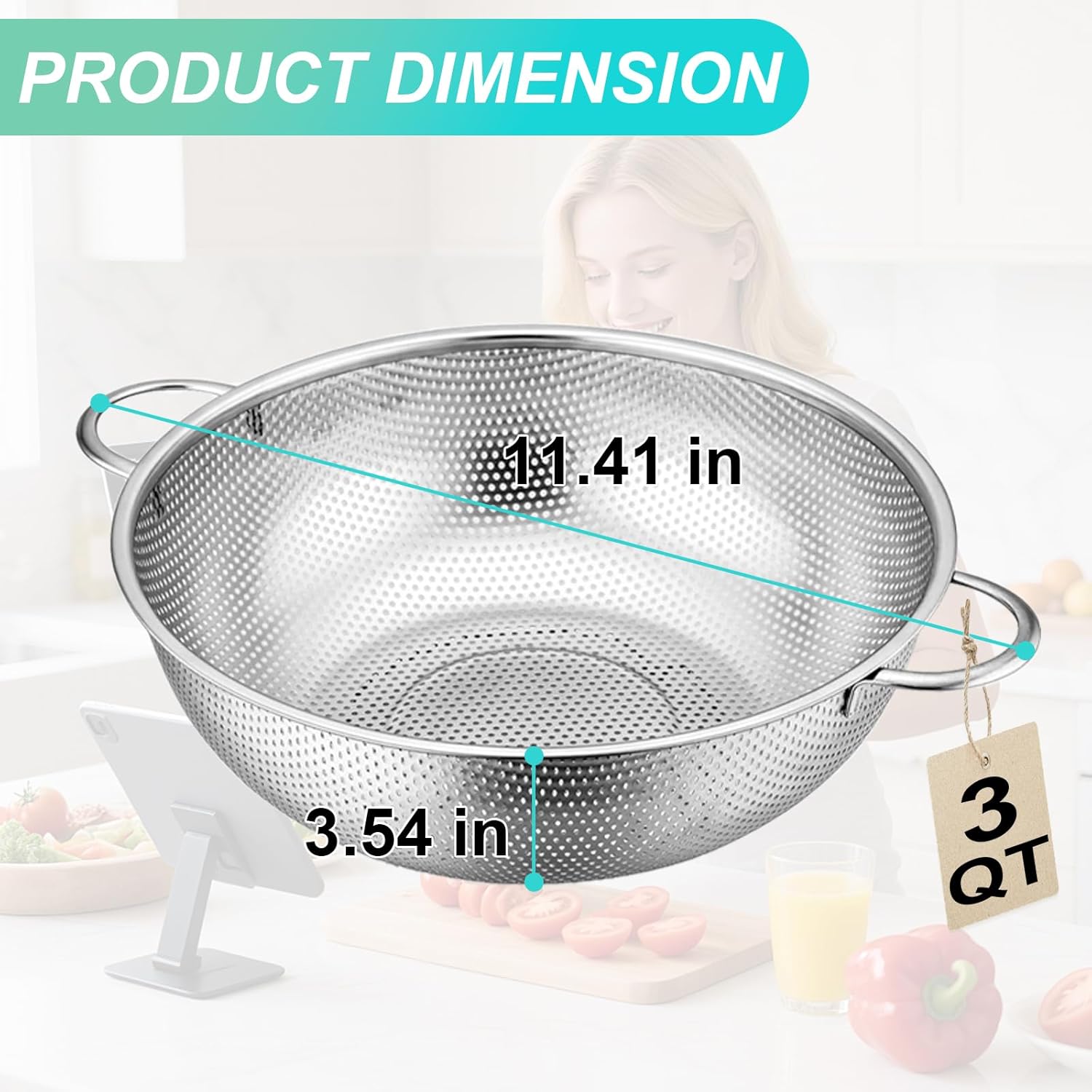 3-Qt Stainless Steel Micro-Perforated Colander, Kitchen Strainer with ...