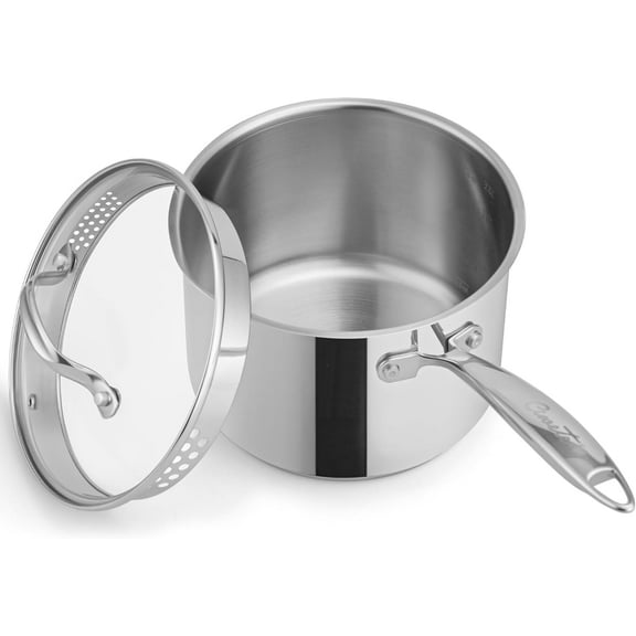 3 Qt Stainless Steel Saucepan with Glass Strainer Lid, 3 Quart Pot Stainless Steel Sauce Pan with Pour Spout, Mirror Polishing, Compatible with All Cooktops Dishwasher Safe Oven Safe