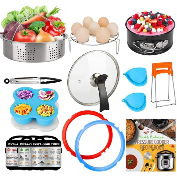 3 Quart Accessories for Instant Pot, Including Cake Baking Barrel, Steamer Basket, Tempered Glass Lid, Silicone Sealing Rings, Egg Steamer Rack, Egg Bites Mold