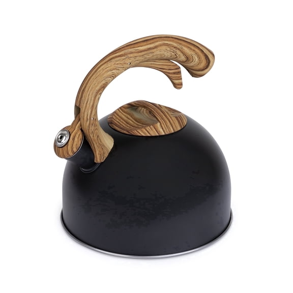 Luminuxe Black StainlessSteelWhistling Tea Kettle with Wood Handle, Induction Compatible, Hand Wash Only 3-Quart