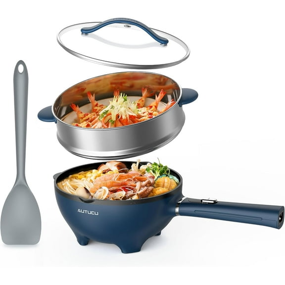 3-Quart Electric Hot Pot & wok Nonstick with Steamer Electric Skillet 1200W for Dorm Home Gifts Includes Silicone Spatula Multi-Cooker