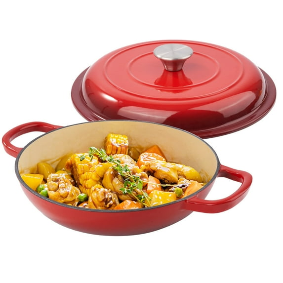 3 Quart Enameled Cast Iron Braiser - Non-Stick Shallow Dutch Oven Skillet with Lid Oven Stove Grill Safe Up to 500 ° F For Cooking & Baking Red